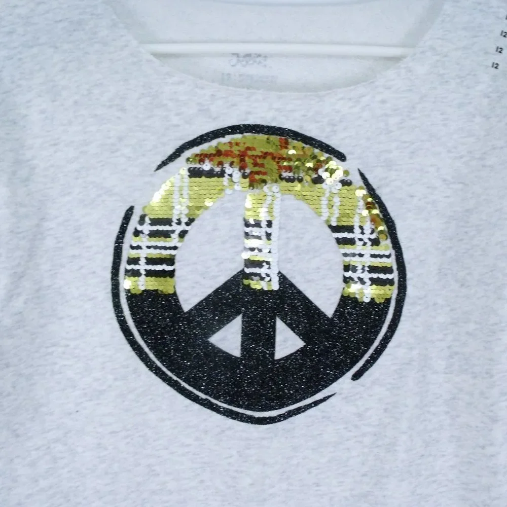 Justice Sequin Peace Sign Boat Neck Top Sweatshirt